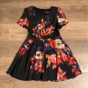 Mink Pink black, red, pink floral mini Dress with sheer side panels, M